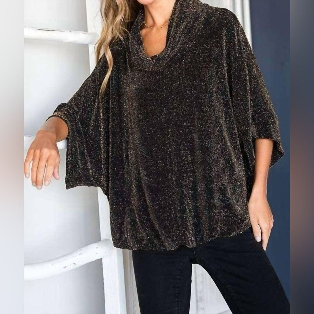 Women’s 3X Jade by Jane Sparkly Black & Gold Glitter Cowl Neck Top NWOT
